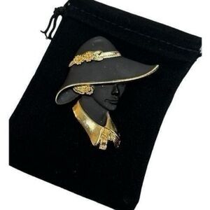MCM Torino Pin Brooch Gold Toned Woman Lady In Hat With Flowers, pin